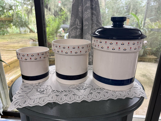 Vintage 1983 JCPenney Country Borders Ceramic Canister Set – Cobalt Tulip – Japan
