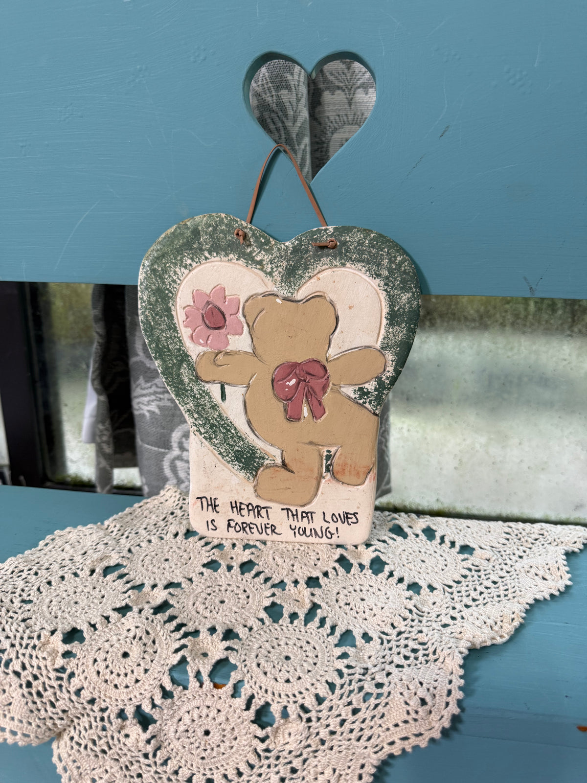 Vintage Teddy Bear Heart Wall Plaque – “The Heart That Loves Is Forever Young”