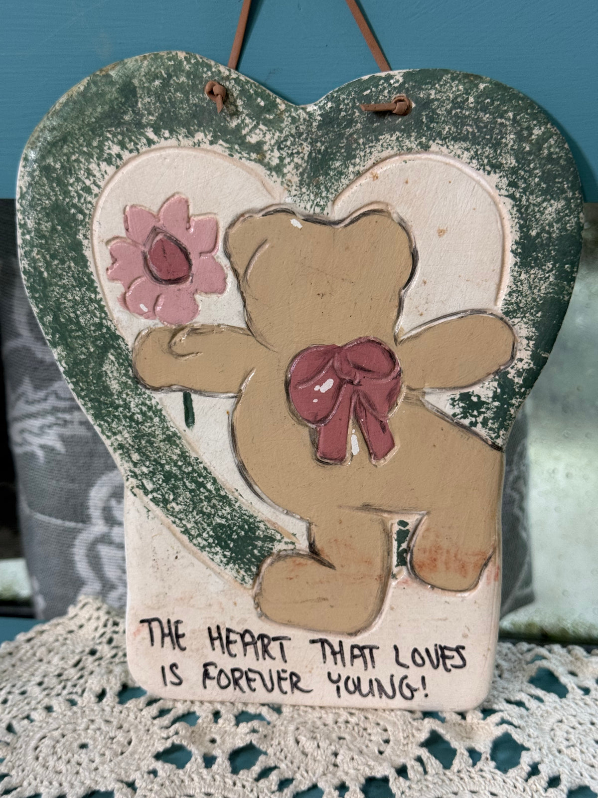Vintage Teddy Bear Heart Wall Plaque – “The Heart That Loves Is Forever Young”