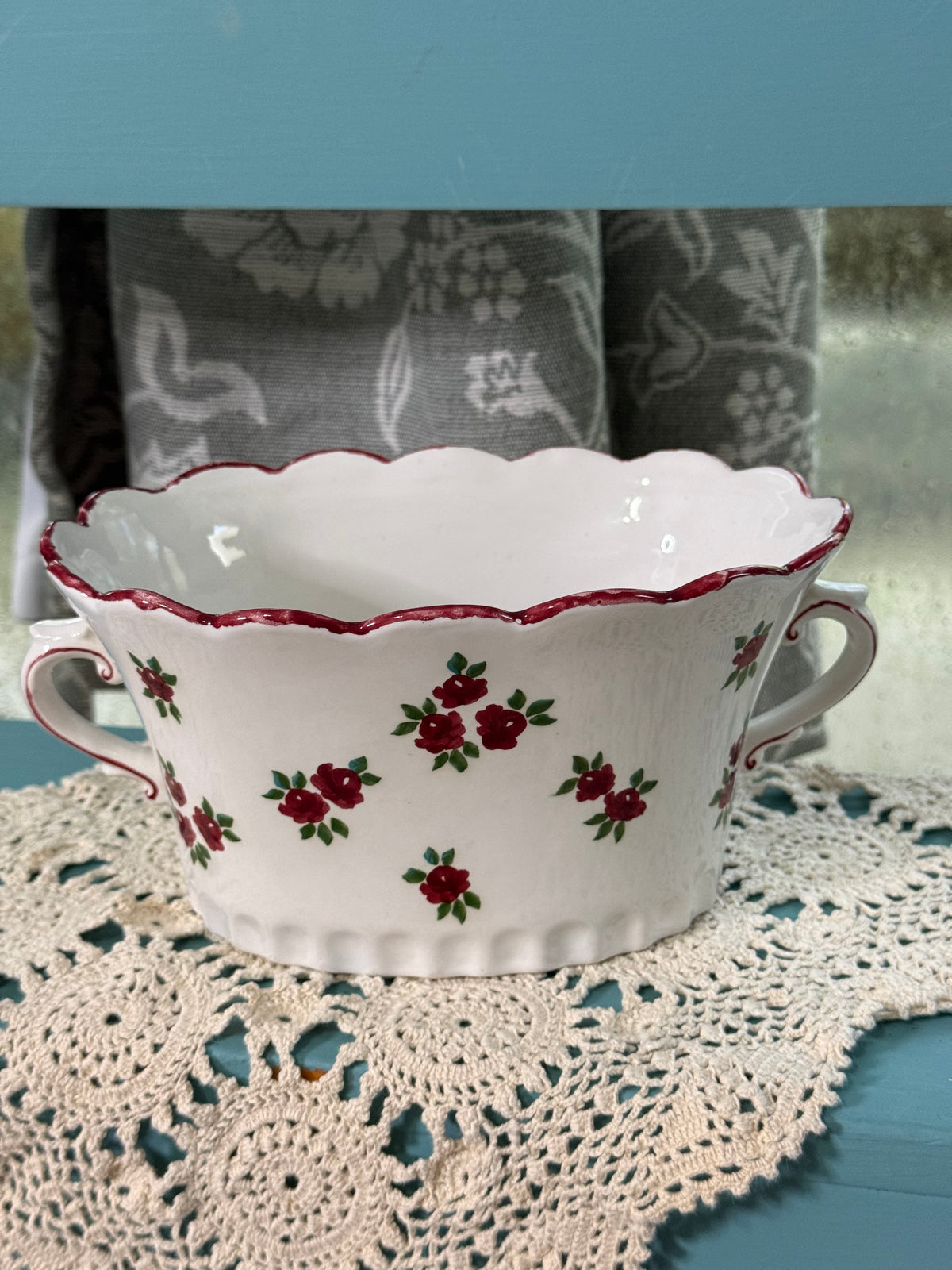 Vintage Andrea by Sadek Red Rose Double-Handle Cachepot Bowl – Thailand