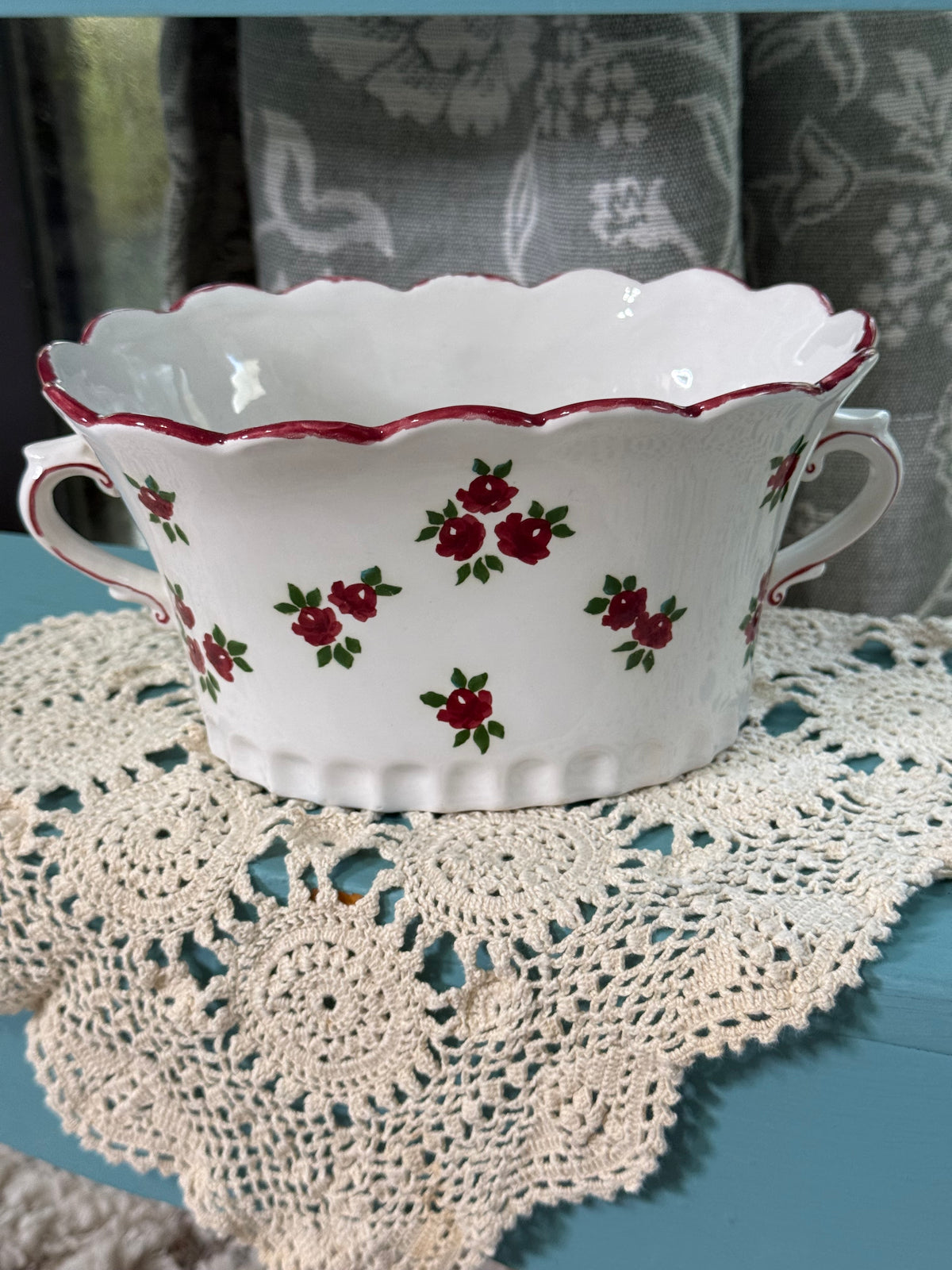 Vintage Andrea by Sadek Red Rose Double-Handle Cachepot Bowl – Thailand