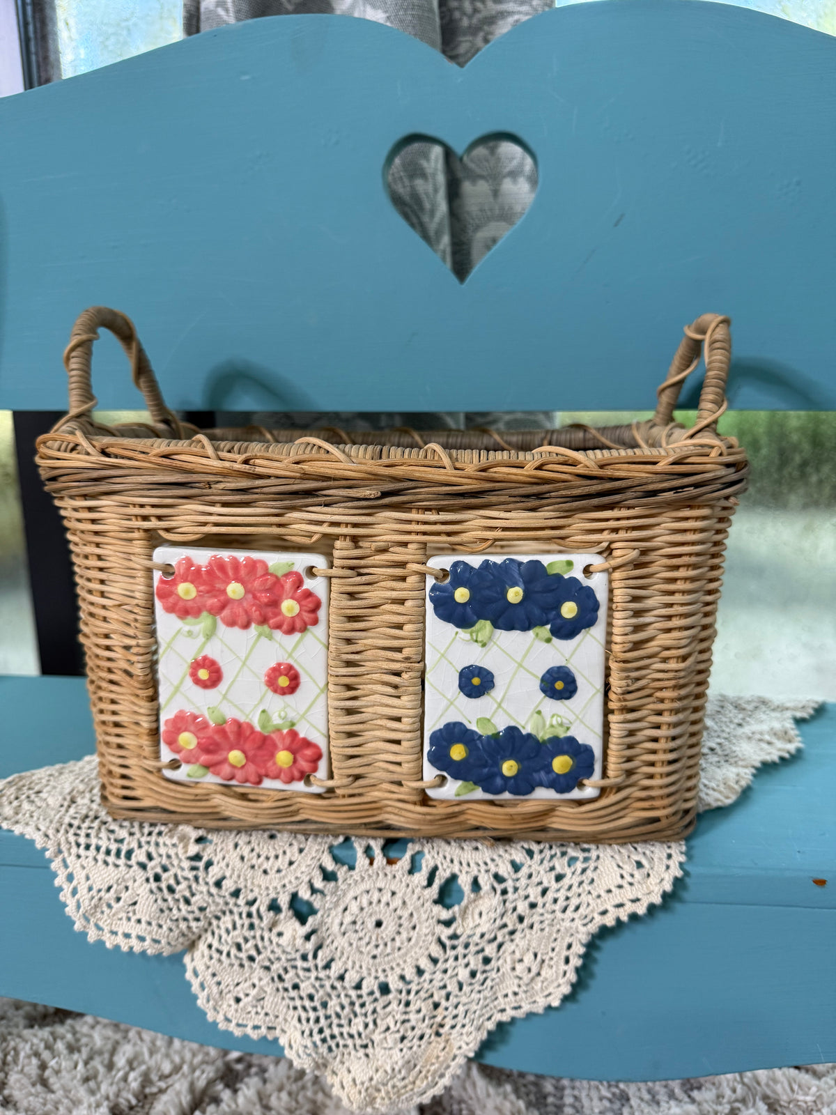 Vintage Wicker Basket with Red & Blue Floral Ceramic Tiles – Cottage Storage