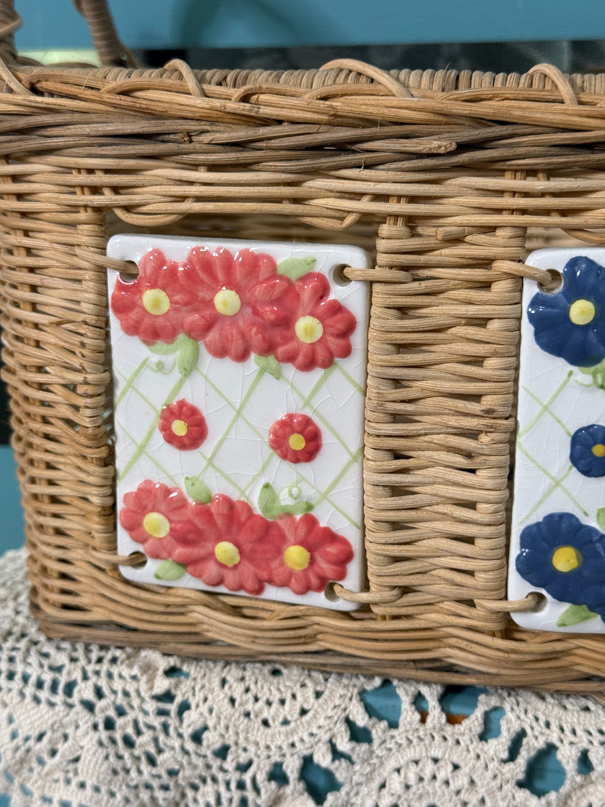Vintage Wicker Basket with Red & Blue Floral Ceramic Tiles – Cottage Storage