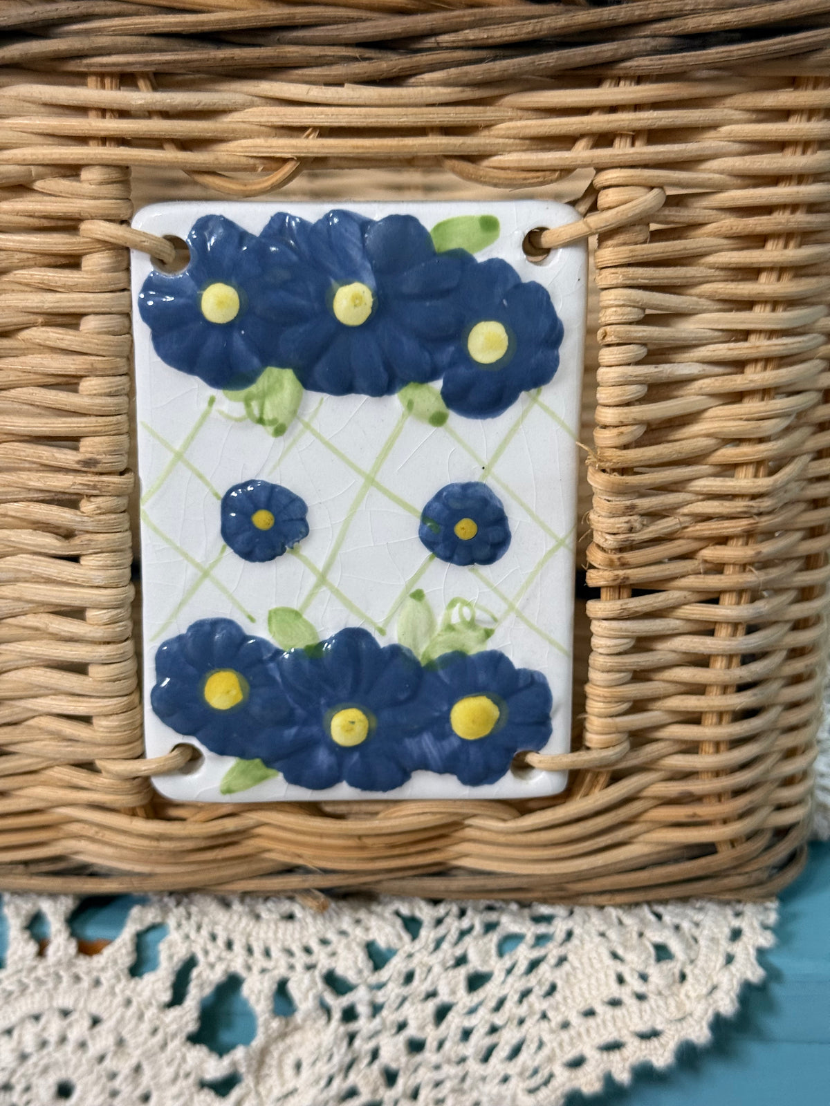Vintage Wicker Basket with Red & Blue Floral Ceramic Tiles – Cottage Storage