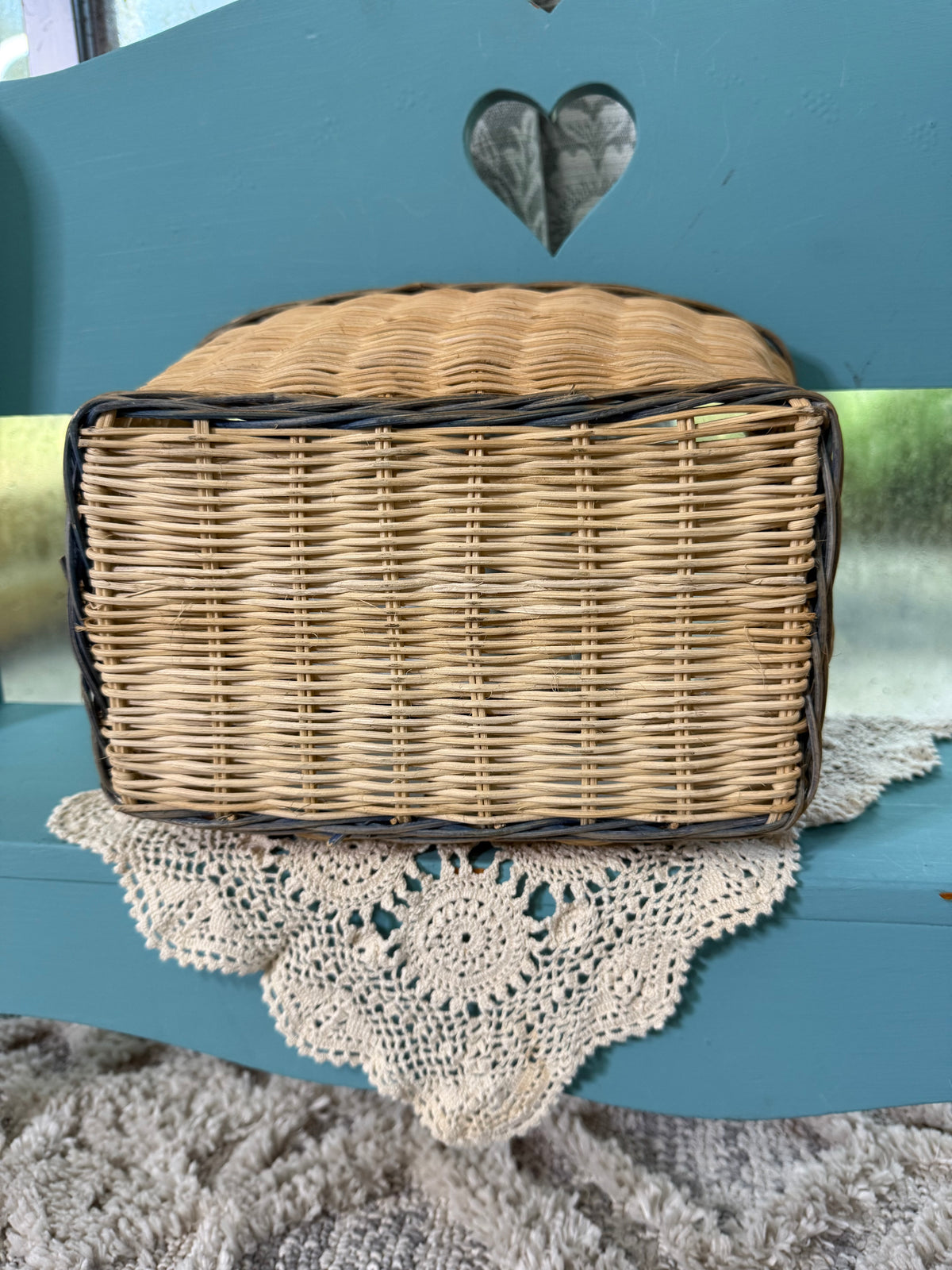 Vintage Wicker Basket with Red & Blue Floral Ceramic Tiles – Cottage Storage