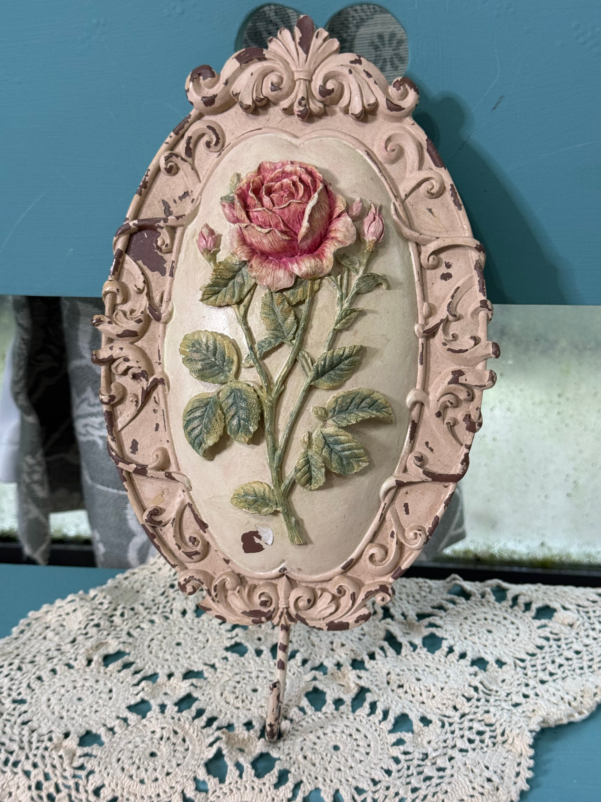 Vintage Decoline Hand-Painted Rose Wall Plaque with Hook – Shabby Chic