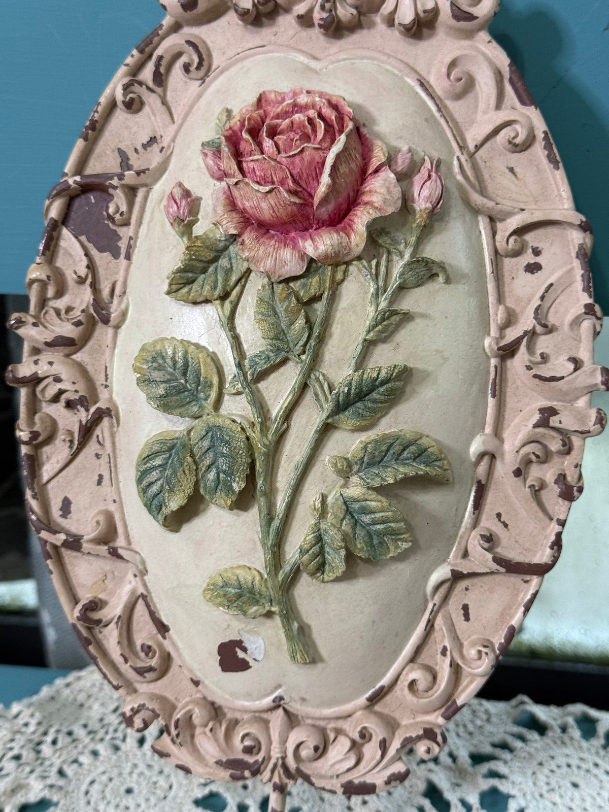 Vintage Decoline Hand-Painted Rose Wall Plaque with Hook – Shabby Chic