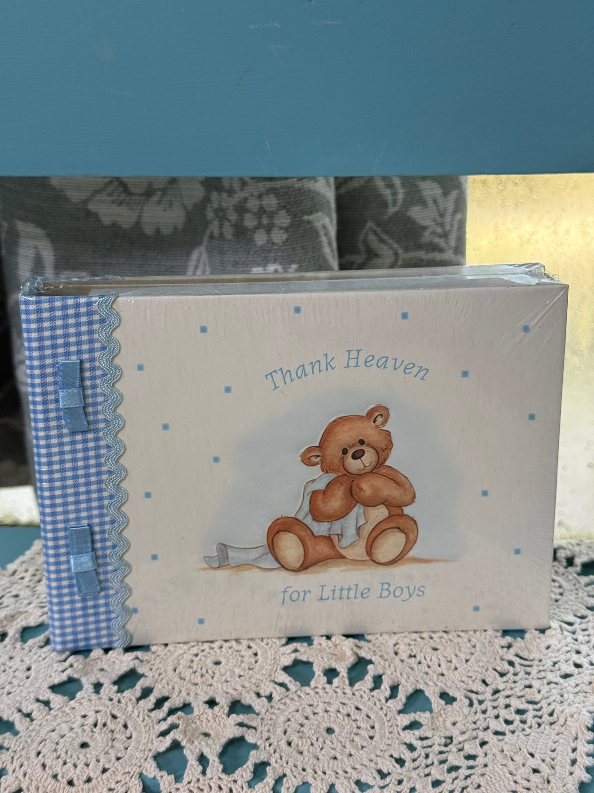 Sealed ‘Thank Heaven for Little Boys’ Teddy Bear Baby Photo Album – Blue Gingham