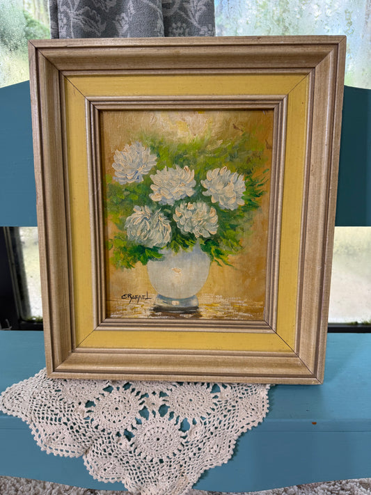 Signed 1976 Floral Still Life Painting in Vintage Wood Frame