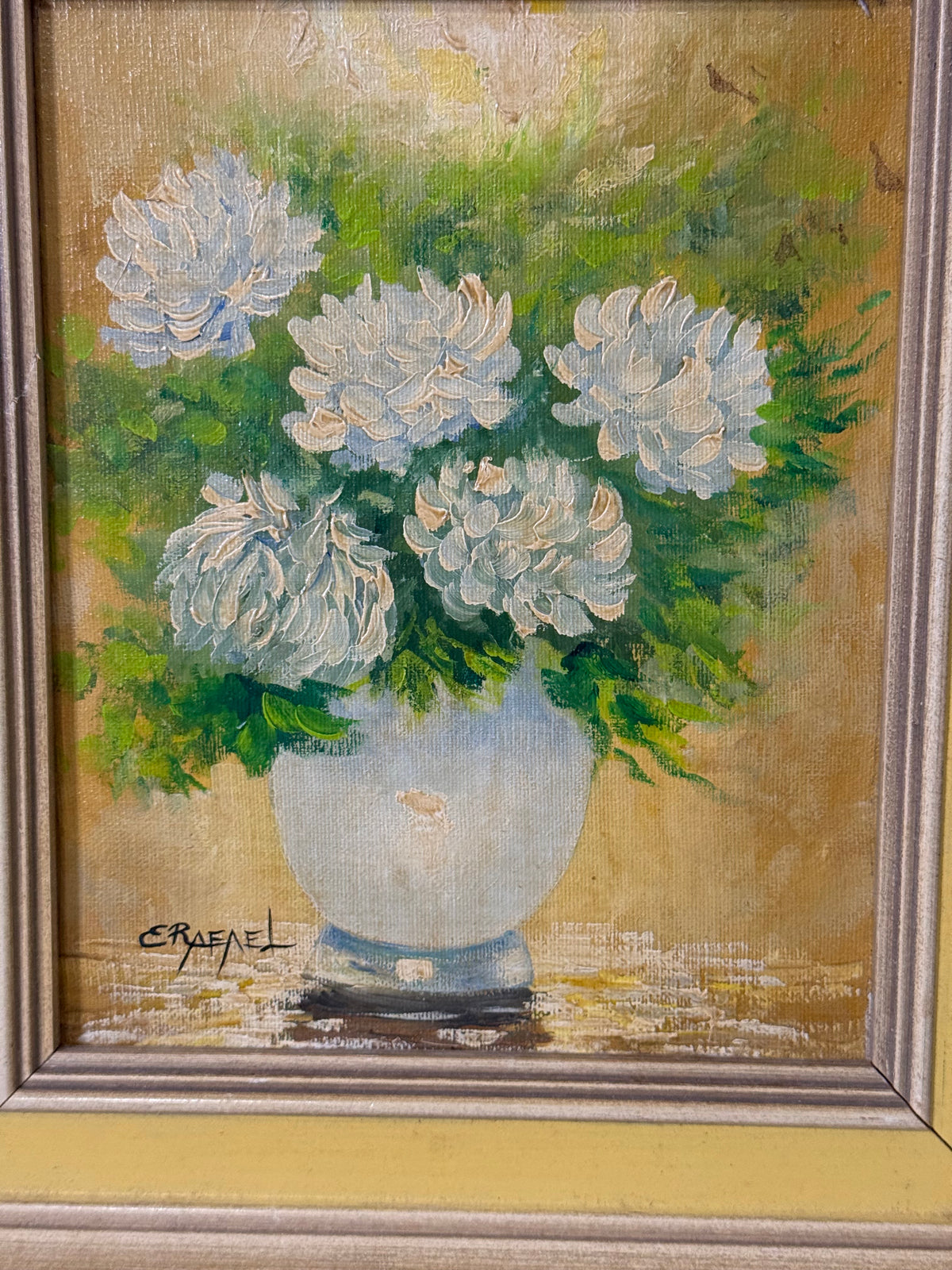 Signed 1976 Floral Still Life Painting in Vintage Wood Frame